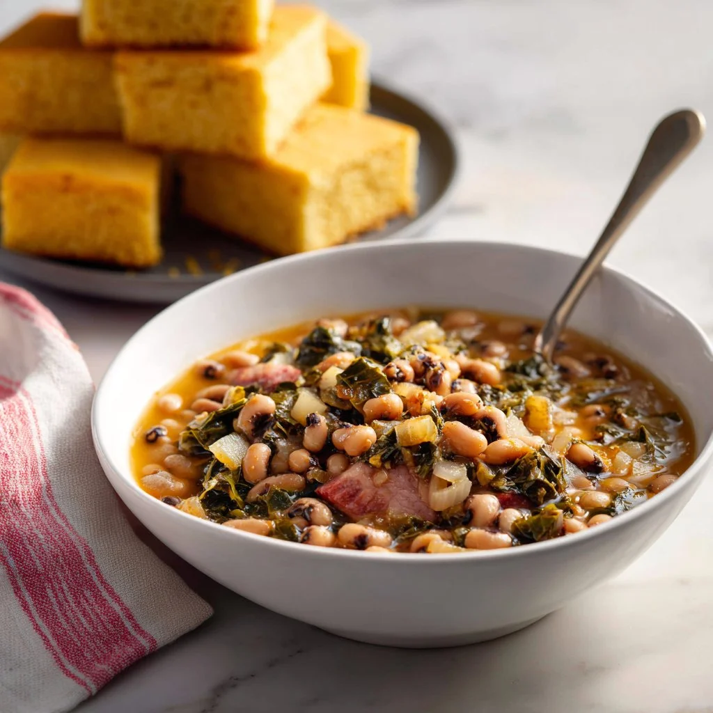 A delicious bowl of Southern-Style Hoppin' John with rice and black-eyed peas