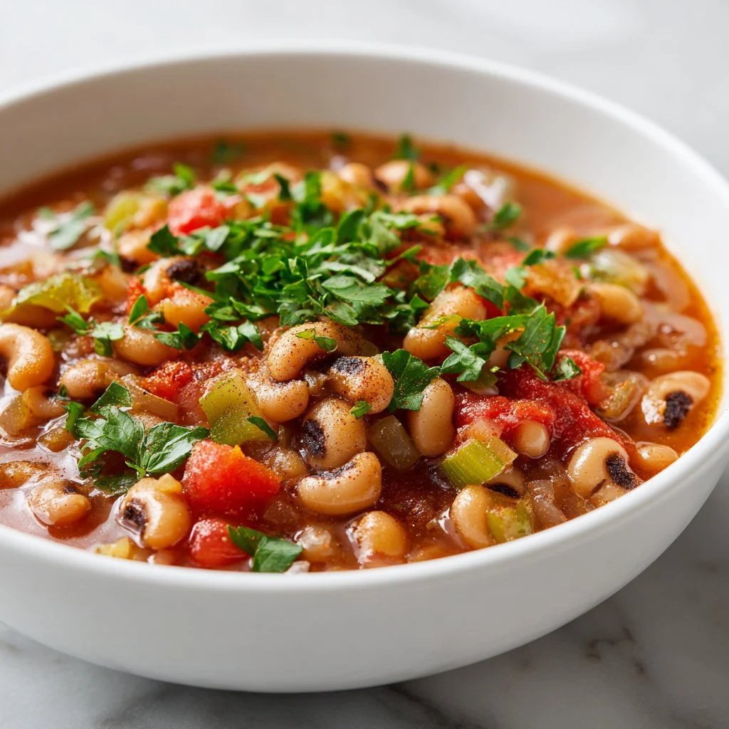 Delicious Southern vegan black-eyed peas served in a bowl with herbs