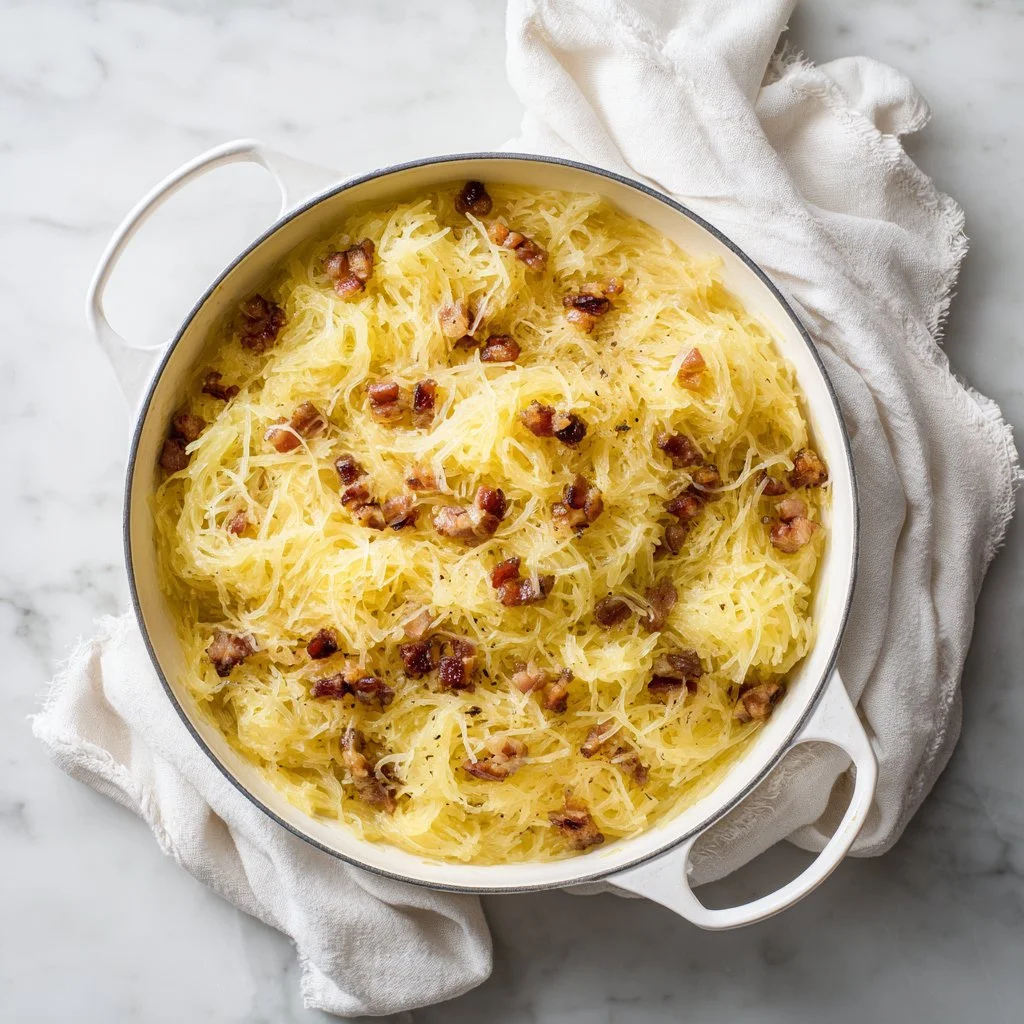 Bowl of spaghetti squash carbonara garnished with parsley and bacon.