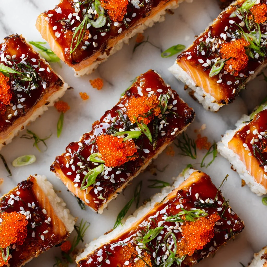 Baked spicy salmon sushi casserole topped with scallions and avocado