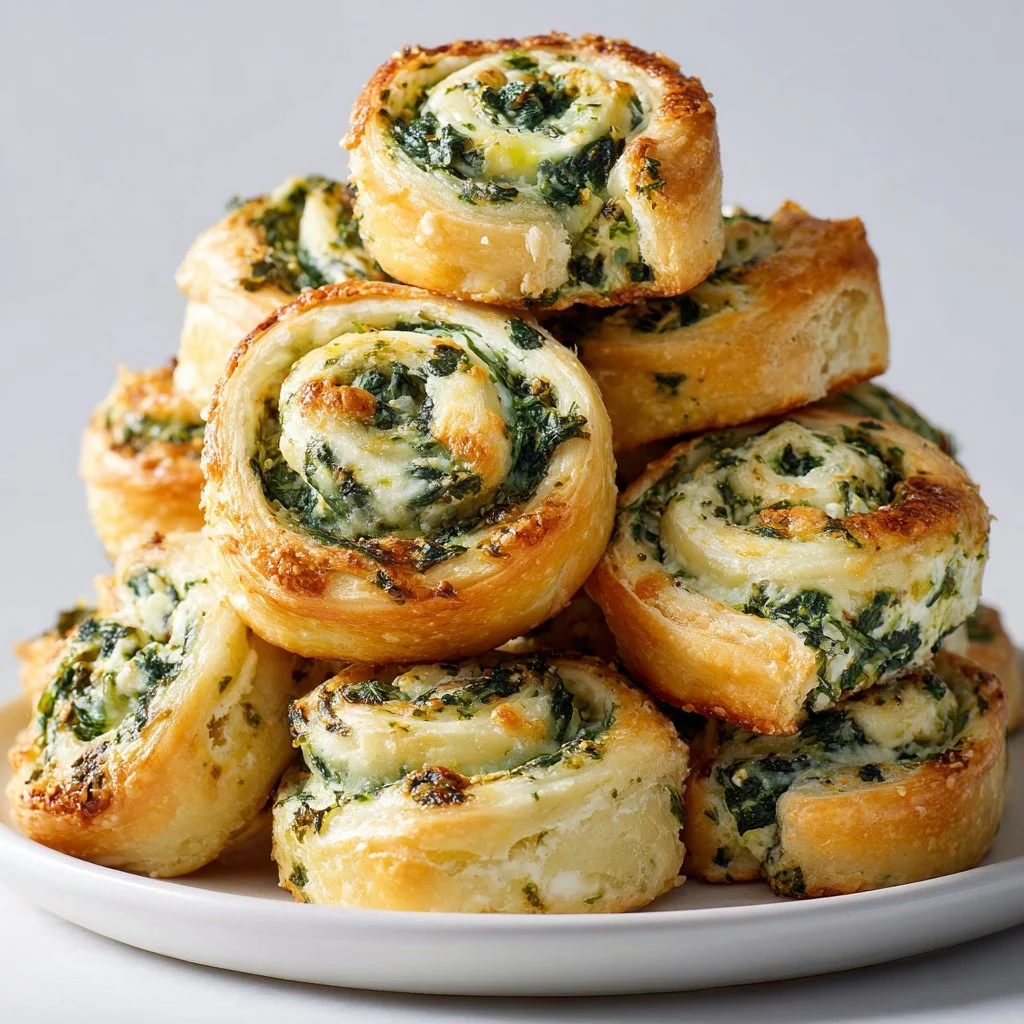 Bite-sized spinach dip pinwheels on a platter, perfect for appetizers.