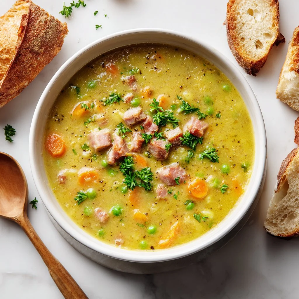 Bowl of hearty split pea soup with ham garnished with herbs