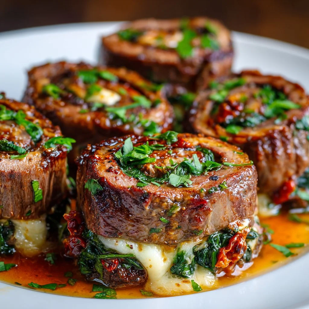 Delicious steak pinwheels filled with herbs and cheese, ready to serve.