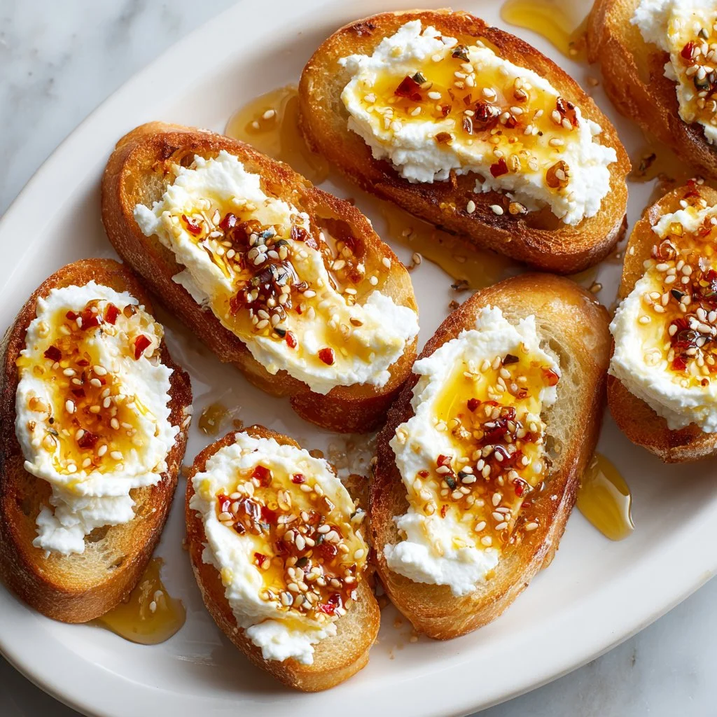Delicious Sweet and Spicy Whipped Feta Crostini served on a platter