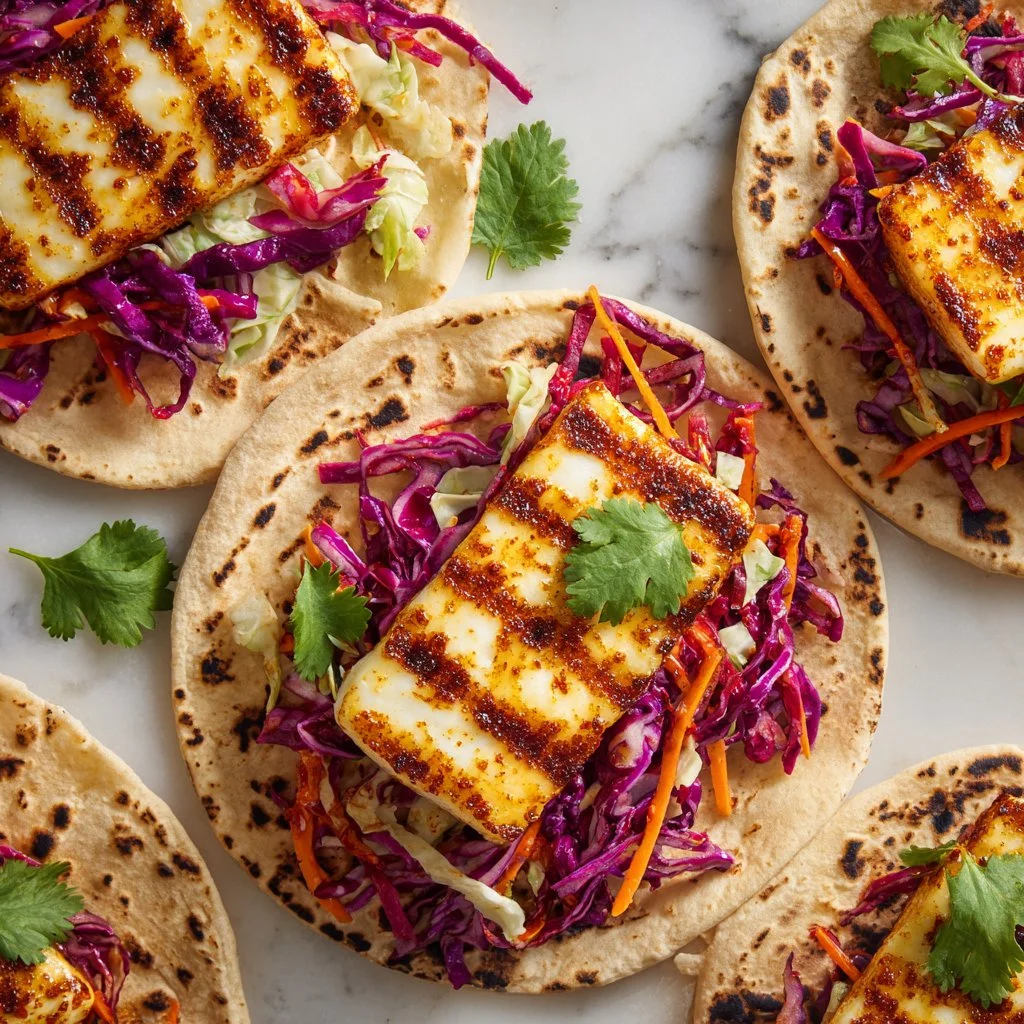 Delicious Sweet Chili Halloumi Wraps served on a plate with fresh vegetables.