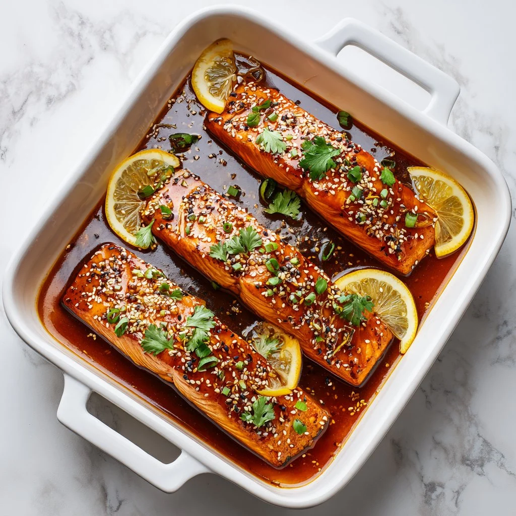 Honey garlic salmon served with vegetables on a plate