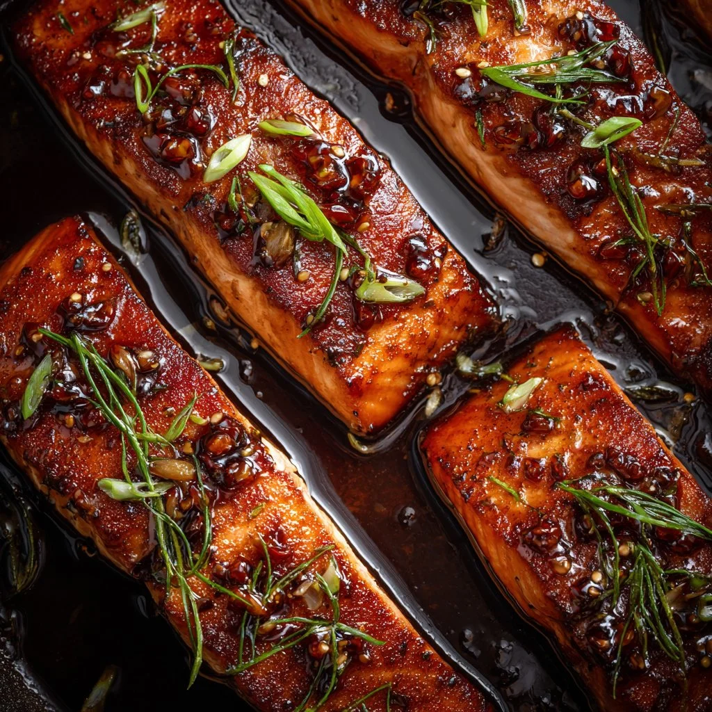 Delicious brown sugar garlic salmon plated with fresh herbs and lemon