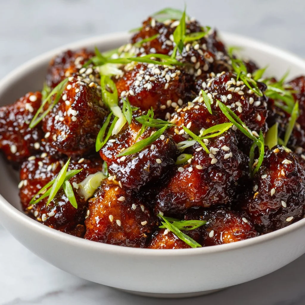 Plate of sweet and savory honey garlic chicken garnished with fresh herbs.