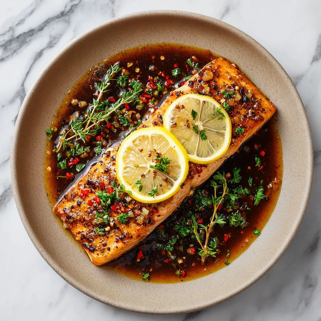 Plate of delicious honey garlic salmon garnished with herbs