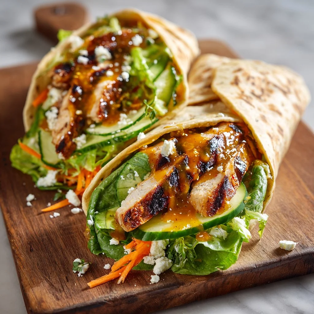 Honey mustard chicken wraps with fresh ingredients on a plate