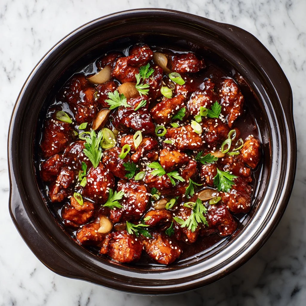 Delicious Sweet & Sticky Crockpot General Tso's Chicken served in a bowl