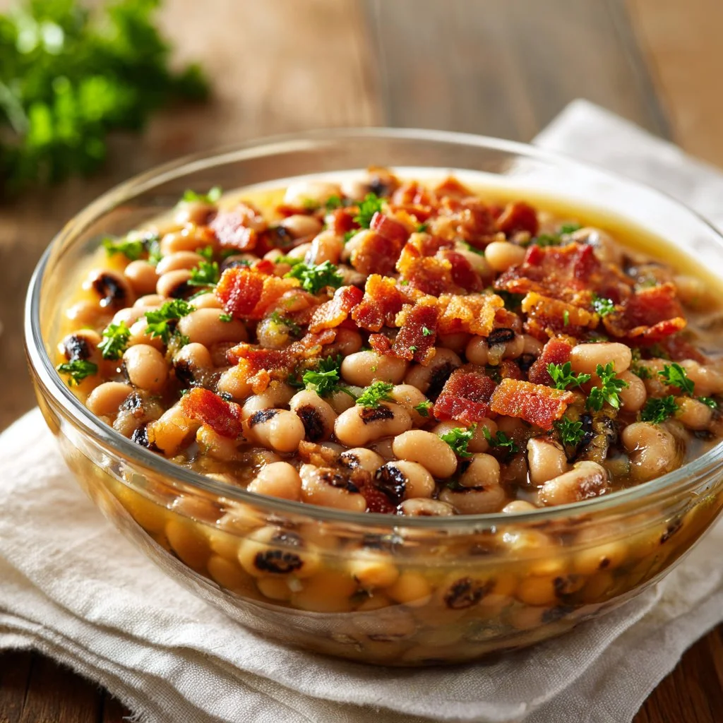 Plate of cooked black-eyed peas with herbs and spices for a flavorful dish.