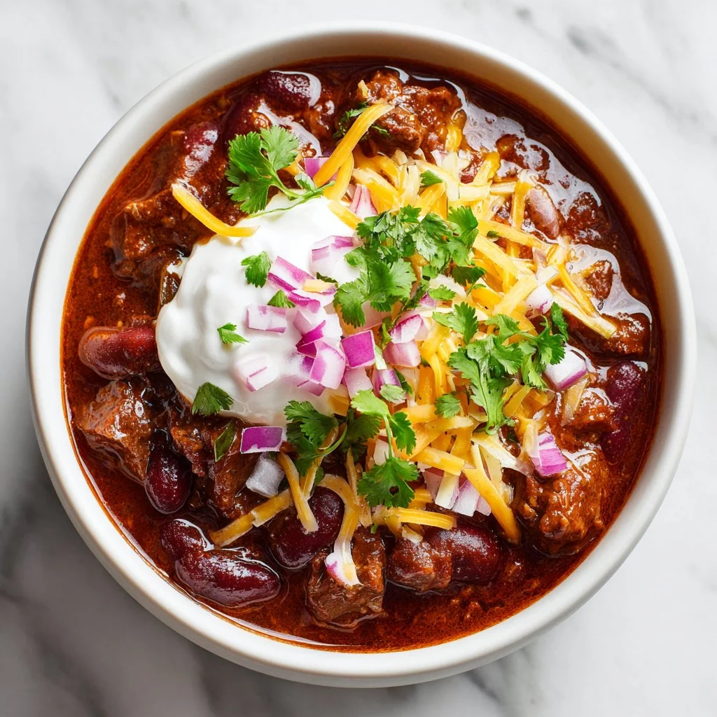 A steaming bowl of ultimate cozy slow cooker chili topped with fresh herbs