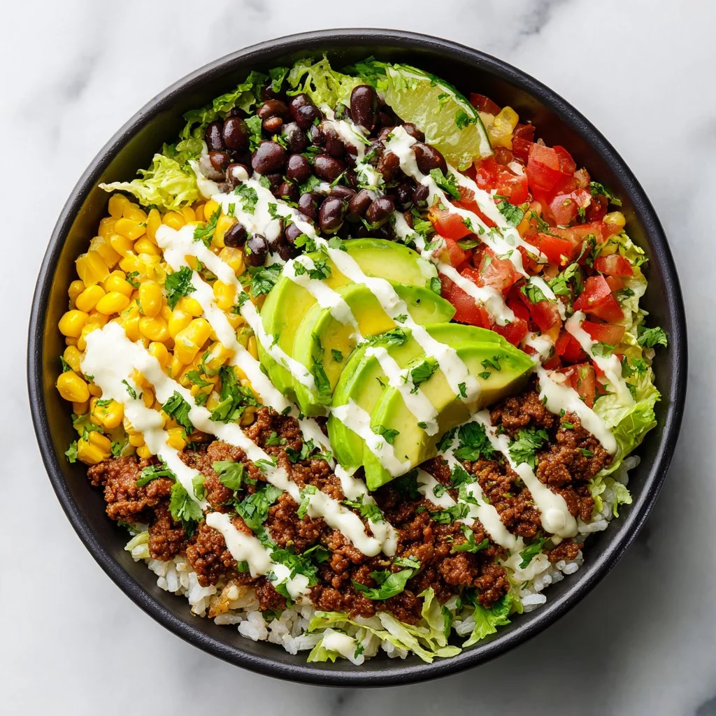 Colorful and delicious ultimate taco bowl with fresh ingredients