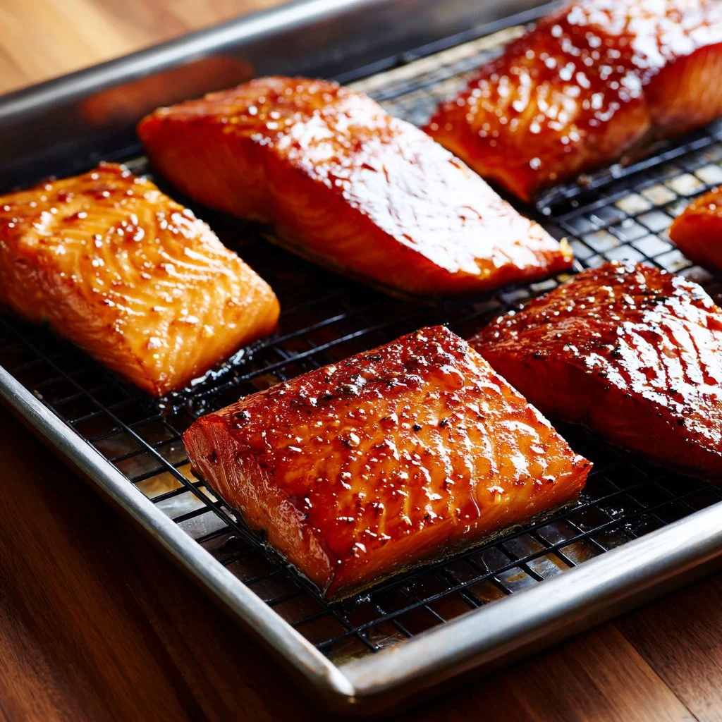 Delicious smoked salmon with rich flavor on a wooden platter