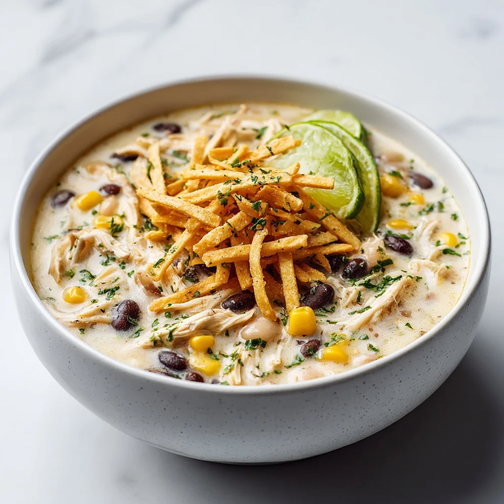 Bowl of ultra-creamy white chicken chili prepared in a slow cooker