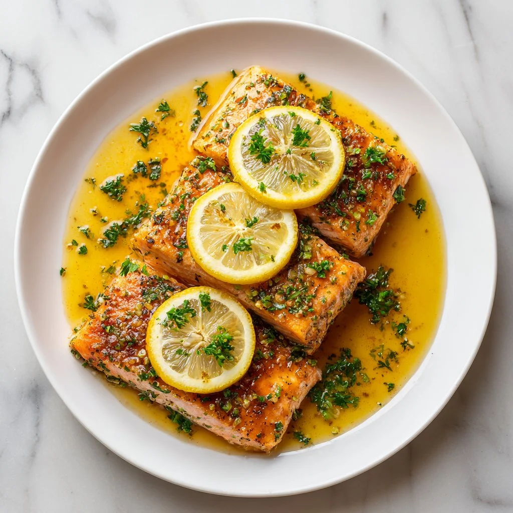 Ultra tender honey garlic butter baked salmon on a plate with herbs and lemon