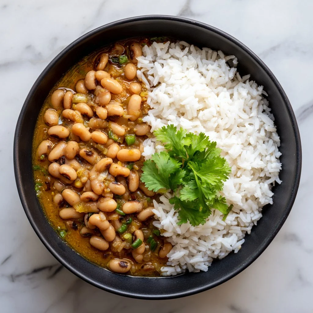 Vegan Black-Eyed Peas dish topped with fresh herbs and spices