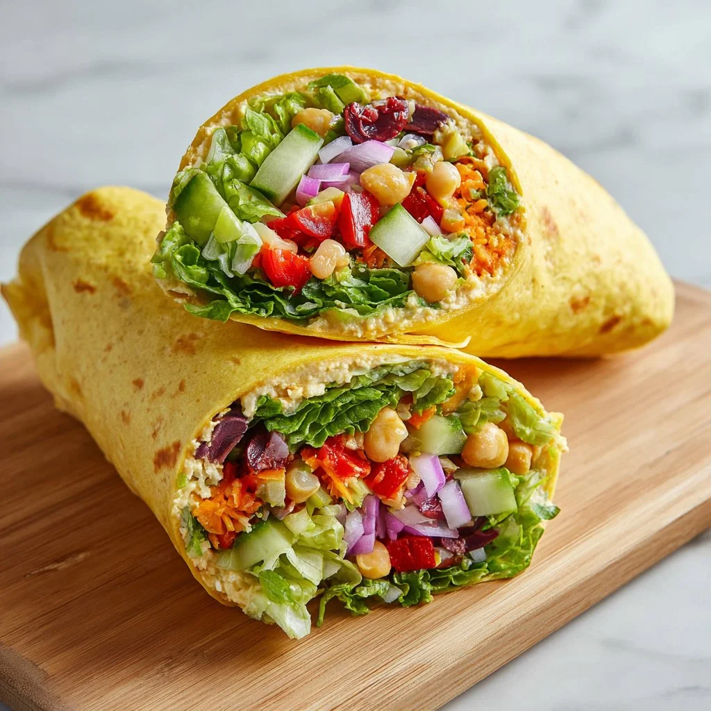 Vegan Mediterranean Hummus Wrap filled with fresh vegetables and hummus