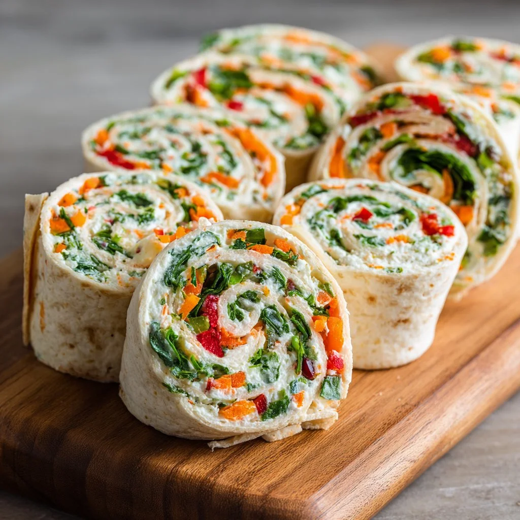 Delicious vegetable cream cheese roll sliced on a platter
