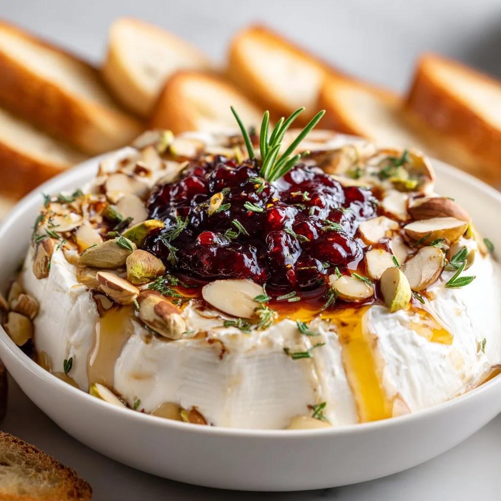 Delicious whipped brie dip served with crackers and fruits