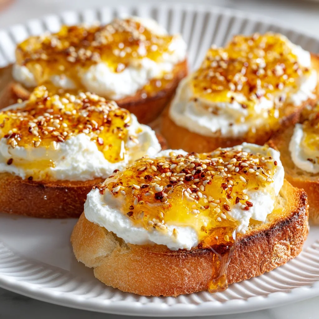 Whipped feta crostini topped with hot honey on a serving platter