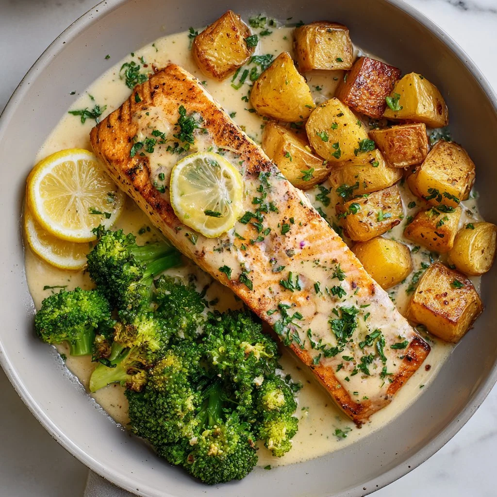 Zesty lemon salmon fillet garnished with herbs and lemon slices