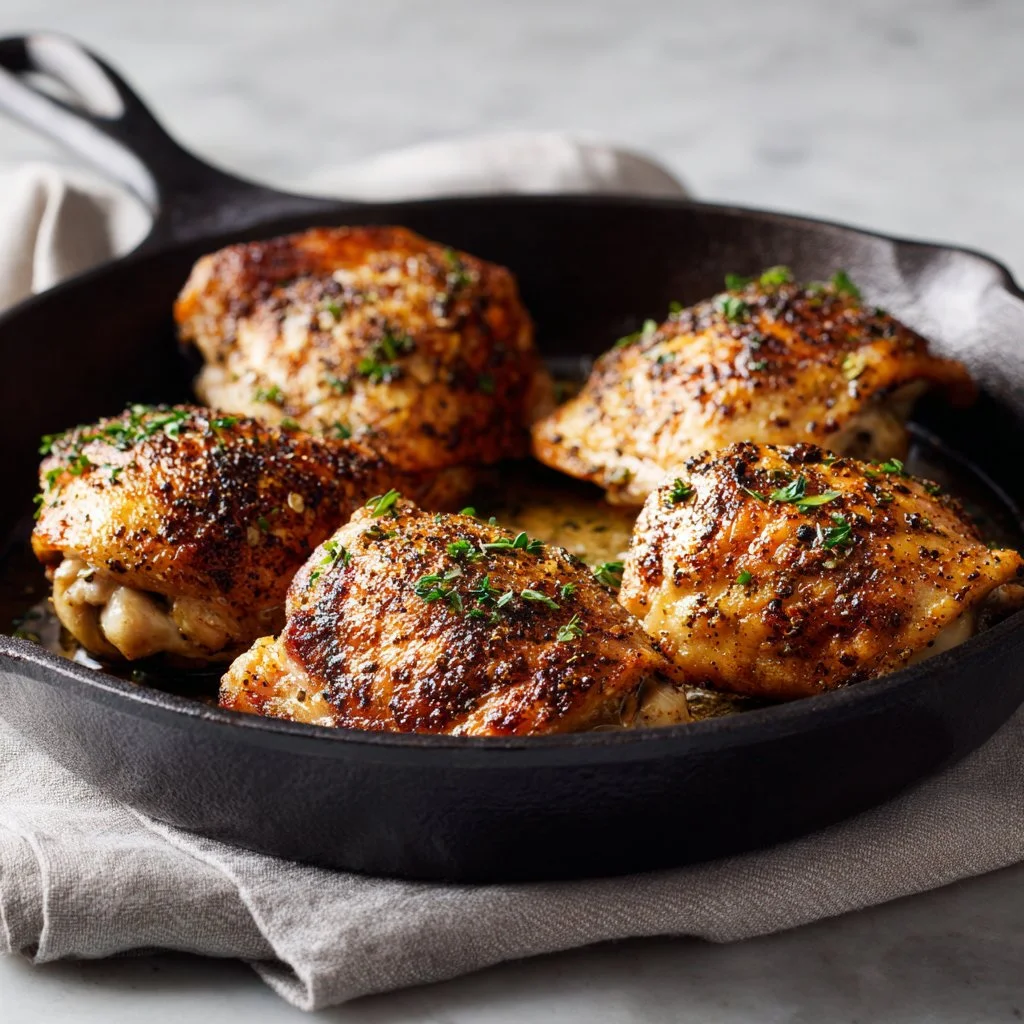 Delicious oven baked boneless chicken thighs ready to serve.