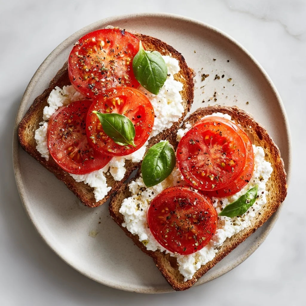Air Fryer Cottage Cheese and Tomato Toast topped with fresh ingredients