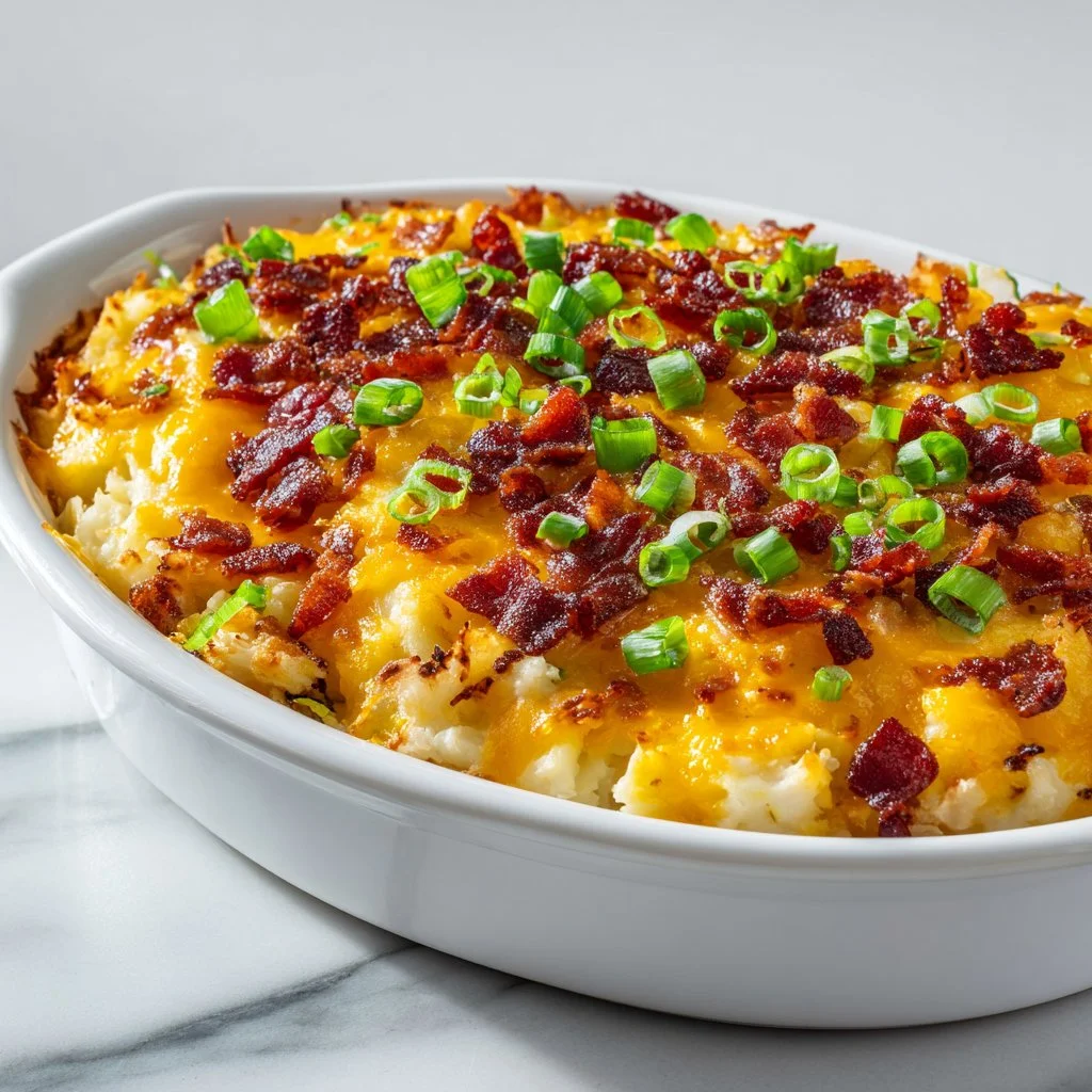 Bacon, egg, and hashbrown breakfast casserole served on a plate.
