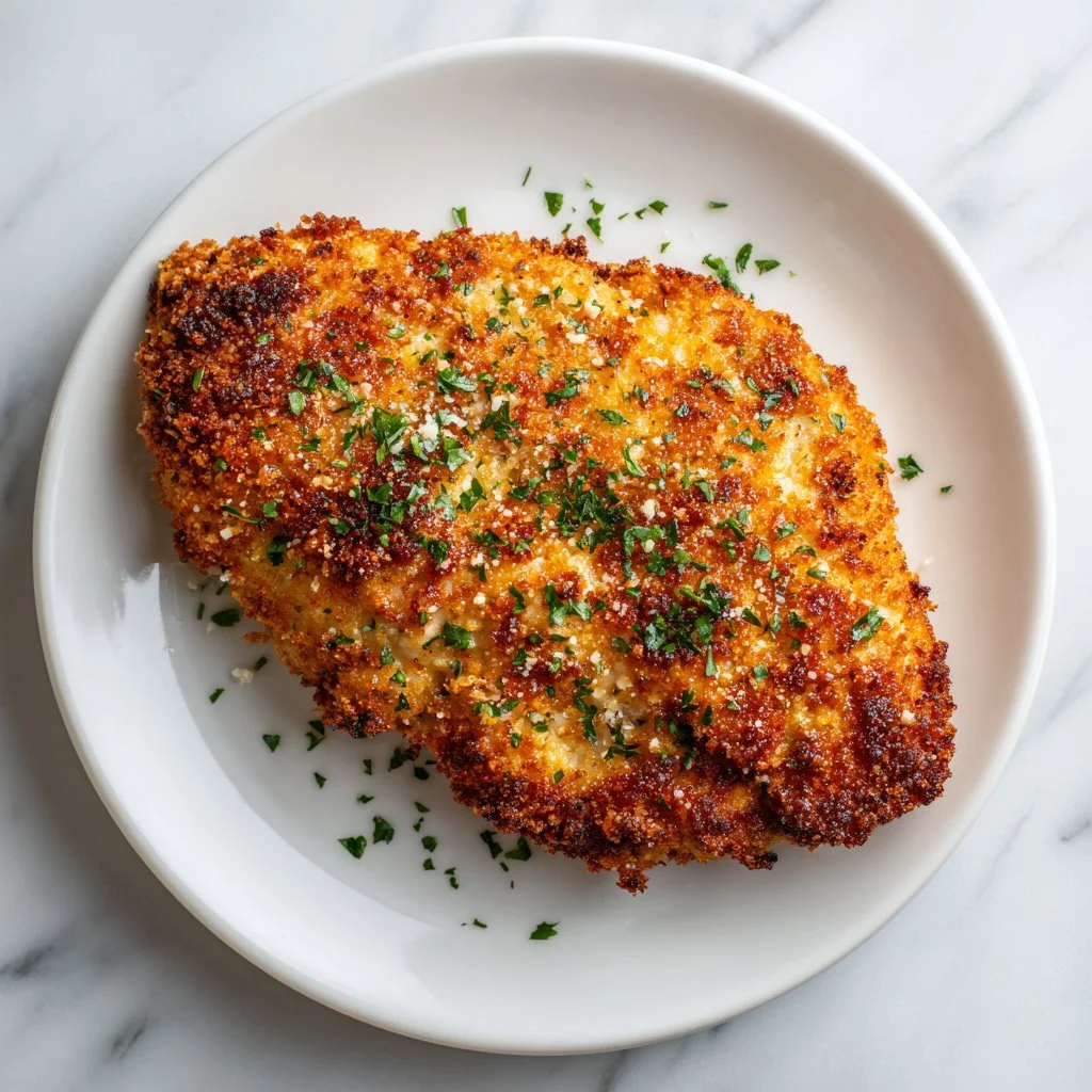 Crispy and cheesy Baked Longhorn Parmesan Chicken on a plate.