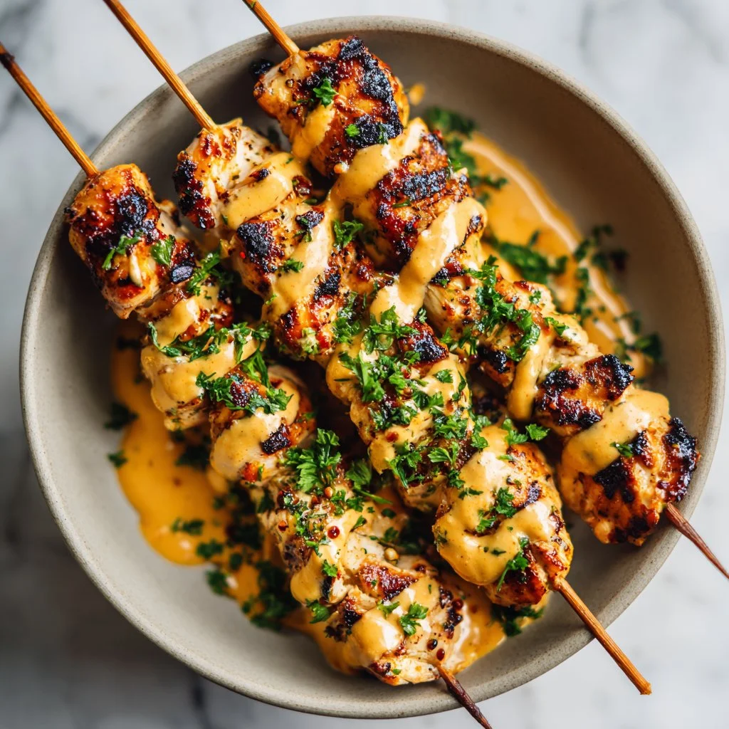 Bang Bang Chicken skewers served with flavorful sauce and garnished with fresh herbs.