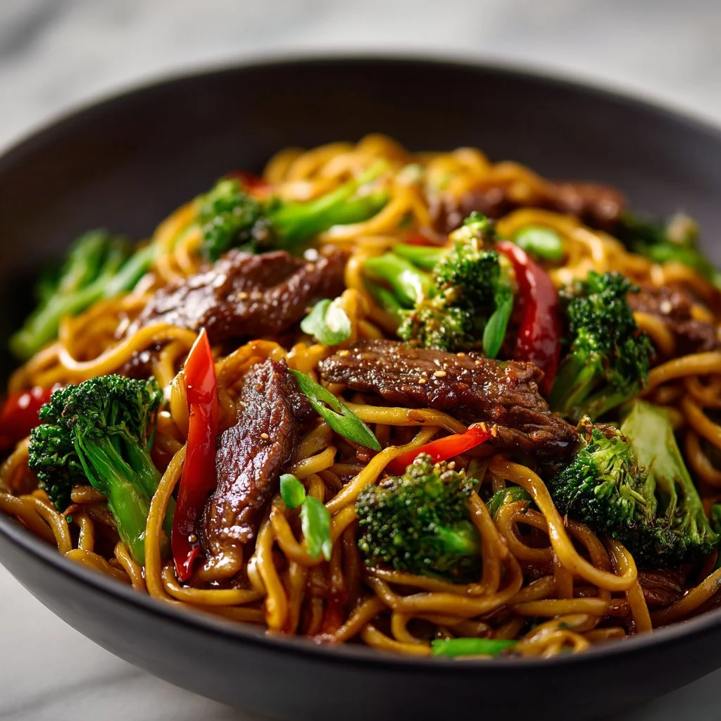 Delicious Beef Lo Mein stir fry served in a bowl with vegetables and noodles