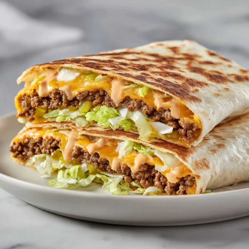Big Mac style chicken wraps drizzled with special sauce on a plate.