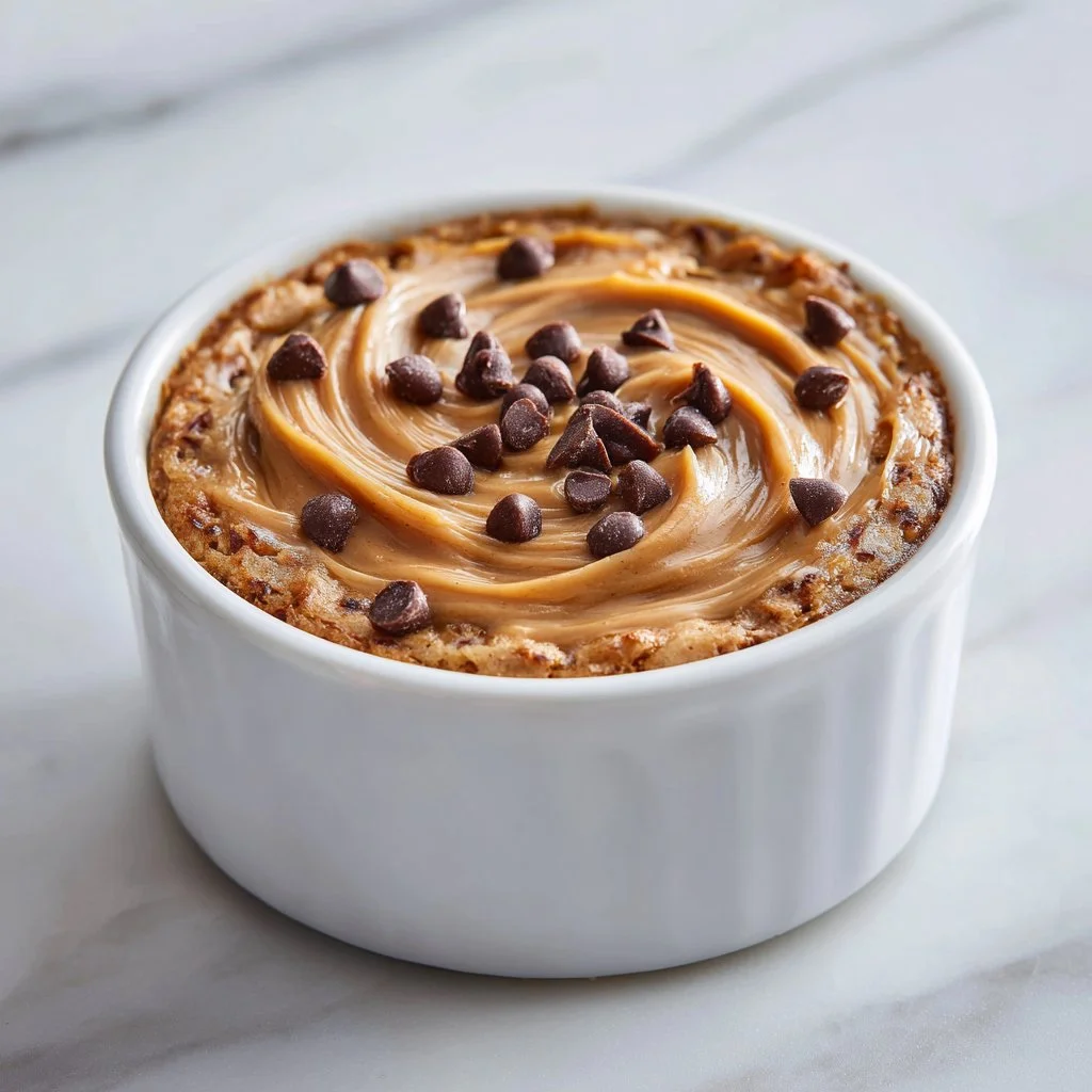 Delicious blended baked oats with peanut butter and chocolate topping