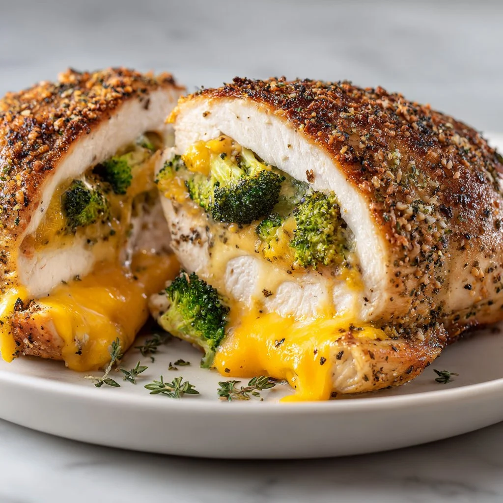 Broccoli Cheddar Stuffed Chicken Breasts plated with fresh vegetables