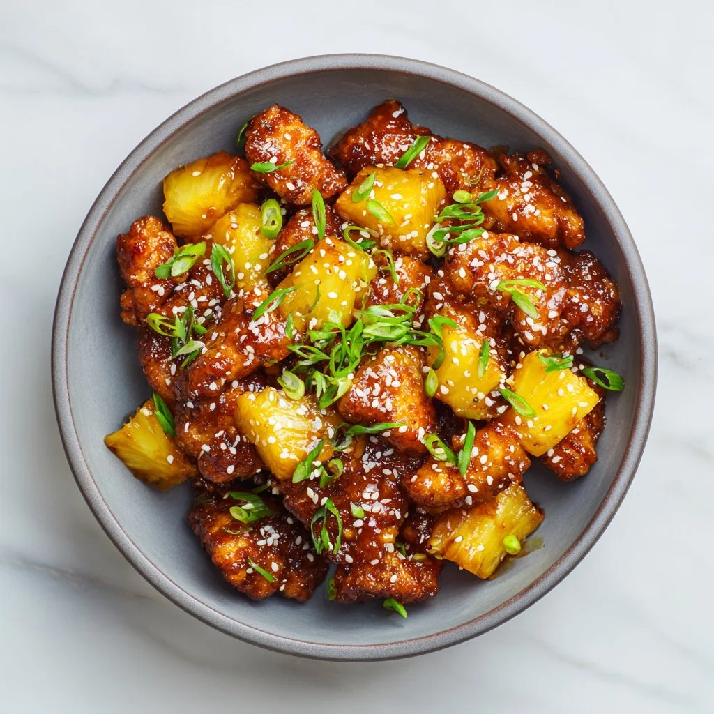 Delicious Brown Sugar Pineapple Chicken garnished with fresh herbs