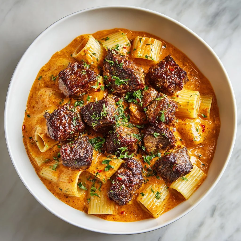 Cajun steak tips served with cheesy rigatoni pasta on a plate