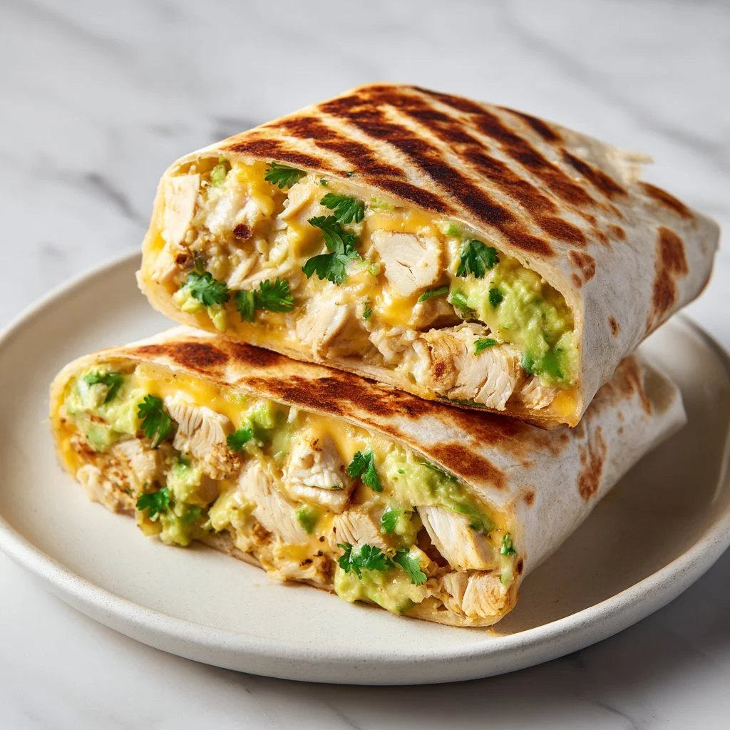 Cheesy Chicken Avocado Ranch Burritos served on a plate with fresh ingredients.
