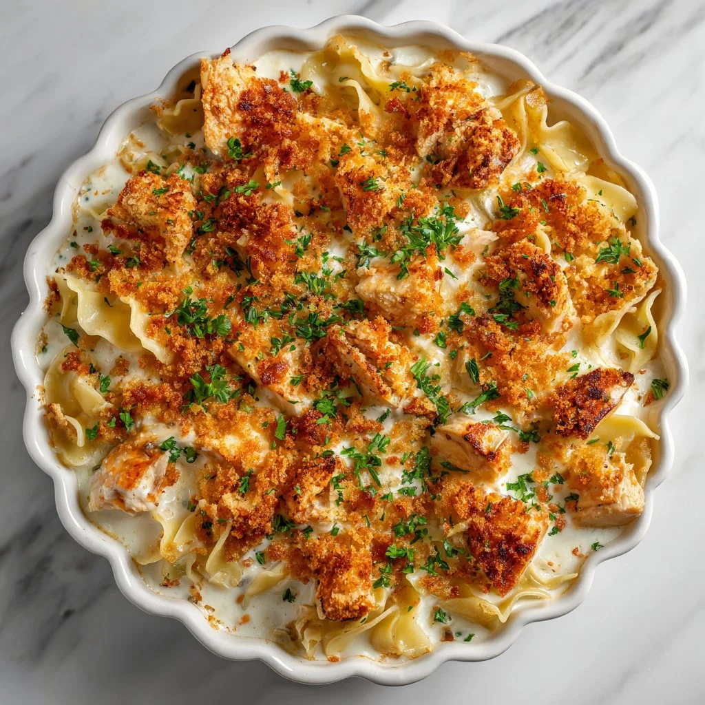 Cheesy chicken casserole baked in a dish, a family favorite meal