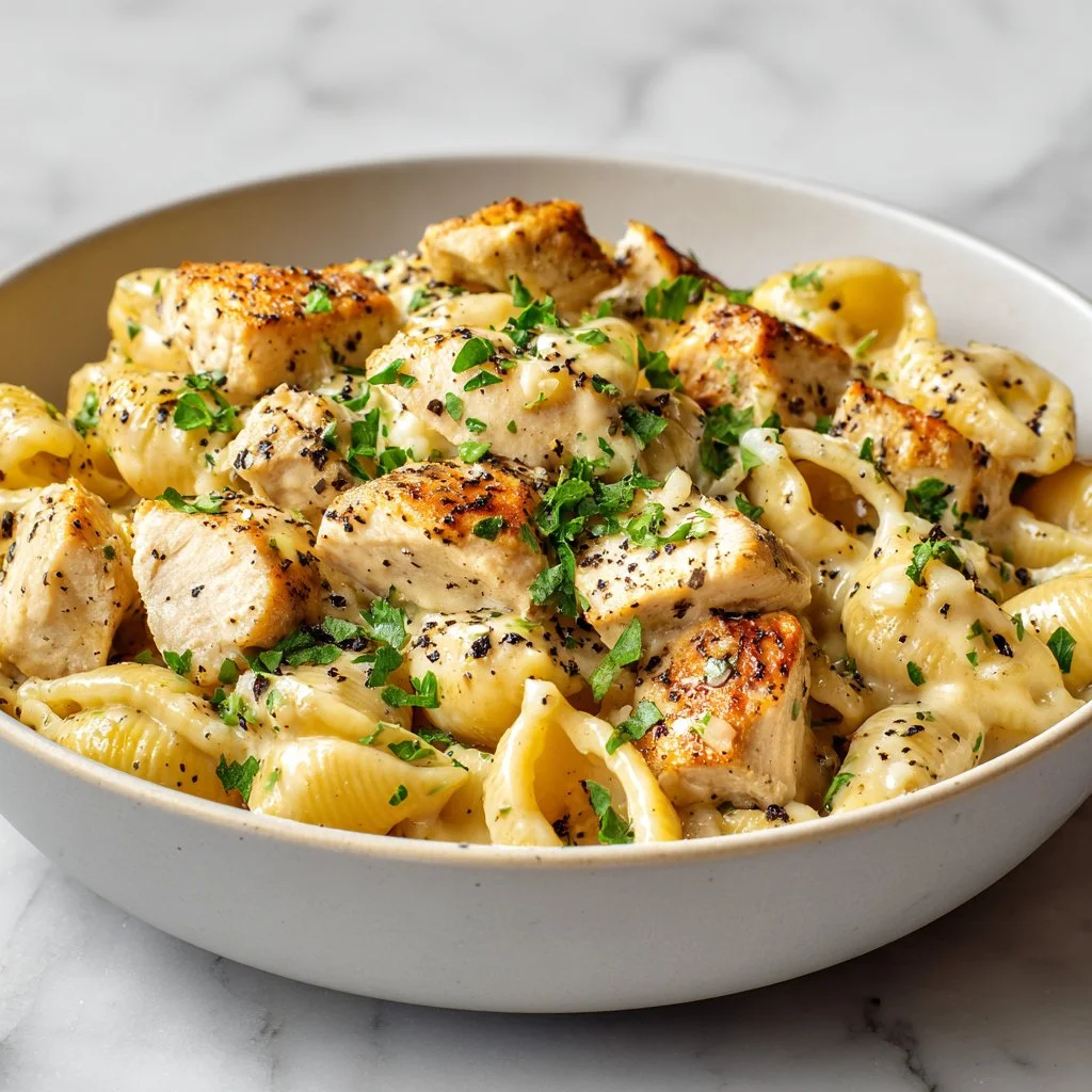 Delicious Cheesy Chicken Pasta served in a creamy sauce