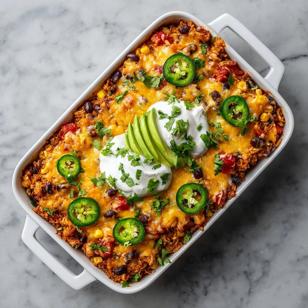 Cheesy chicken taco casserole topped with cheese and spices