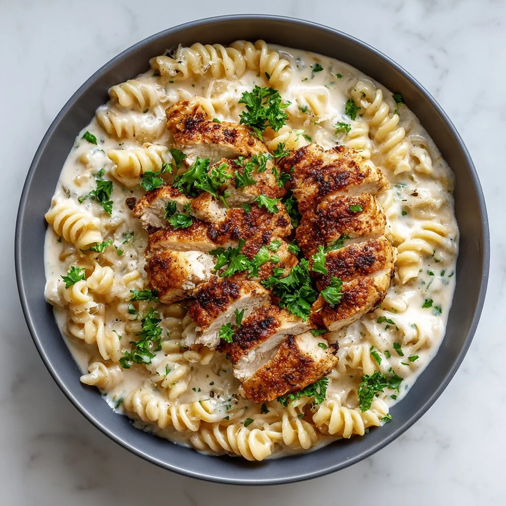 Cheesy Garlic Chicken Pasta dish with creamy sauce and chicken pieces