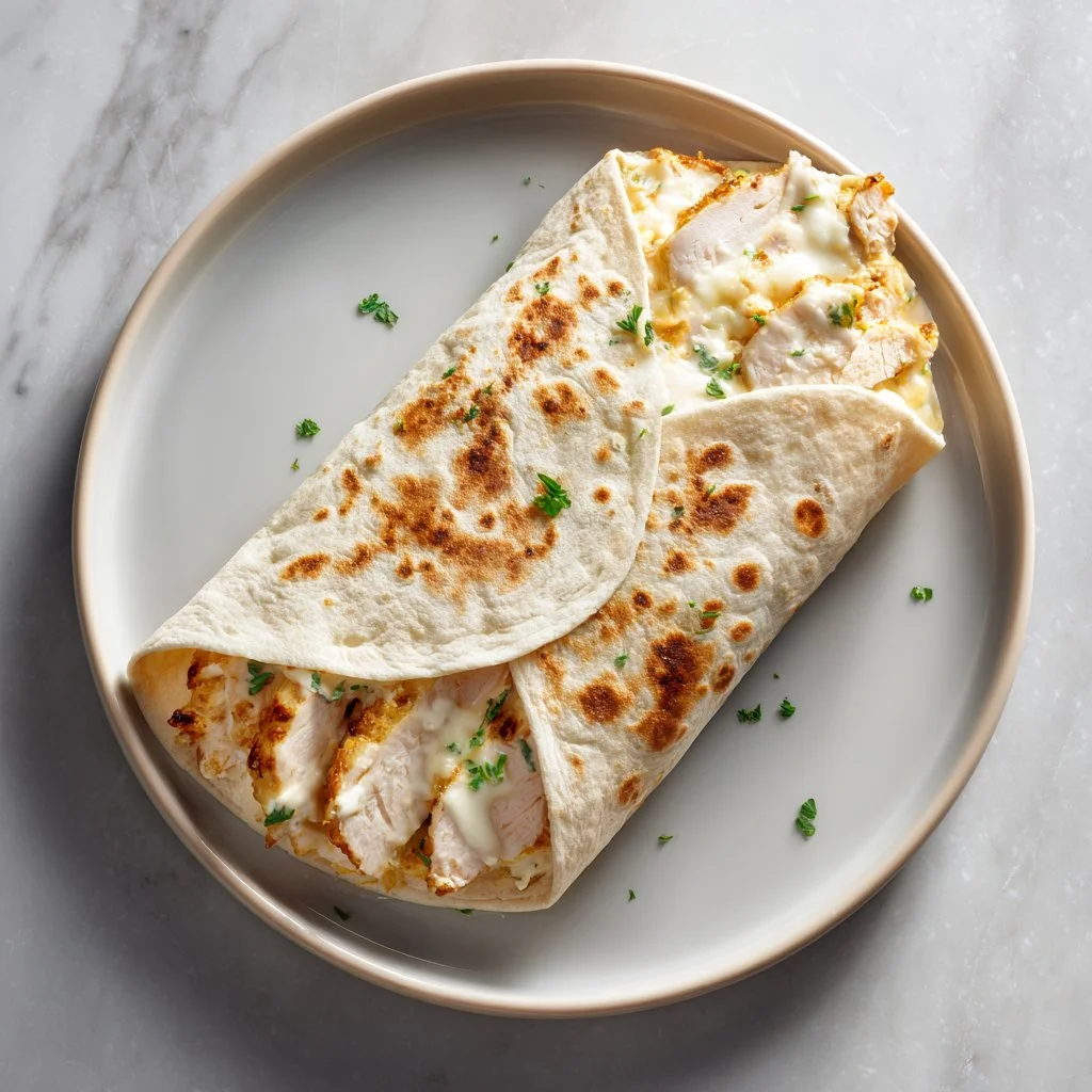 Cheesy garlic chicken wraps served on a plate, perfect for a quick family meal.