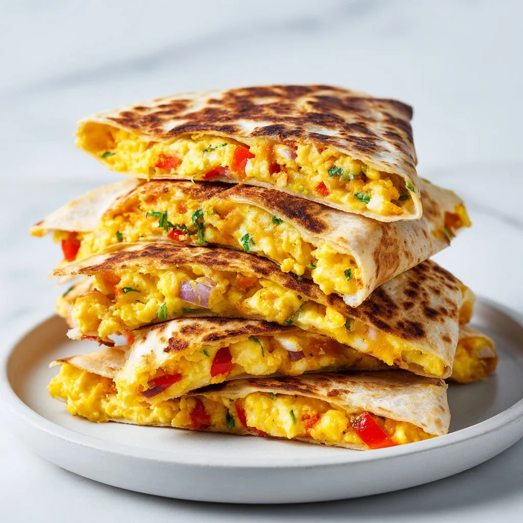 Cheesy golden breakfast quesadillas filled with eggs and melted cheese