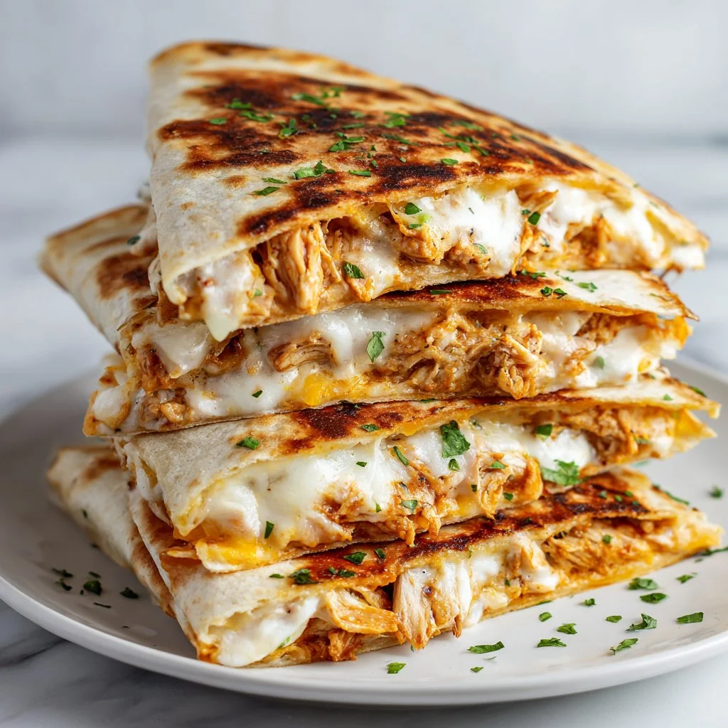 Cheesy high protein chicken ranch quesadilla served with dipping sauce