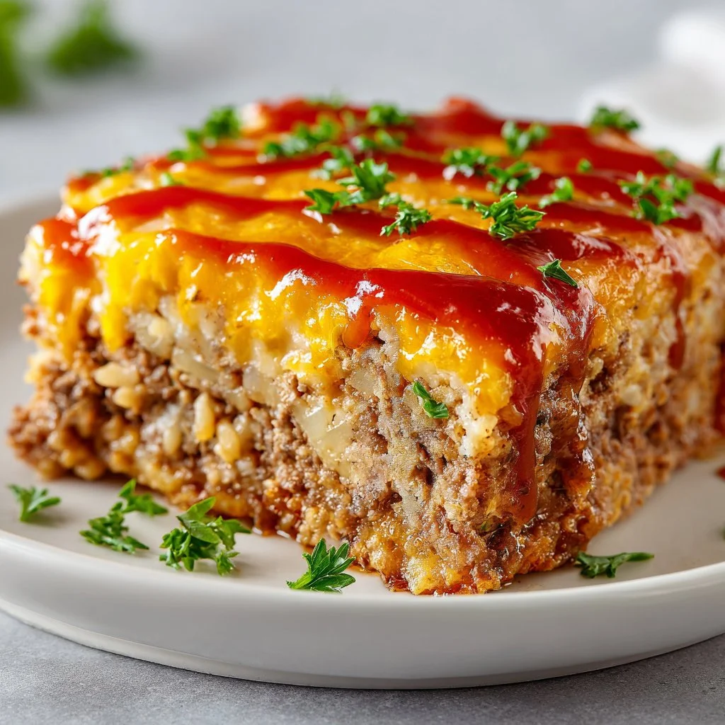 Cheesy meatloaf casserole served in a dish with melted cheese on top