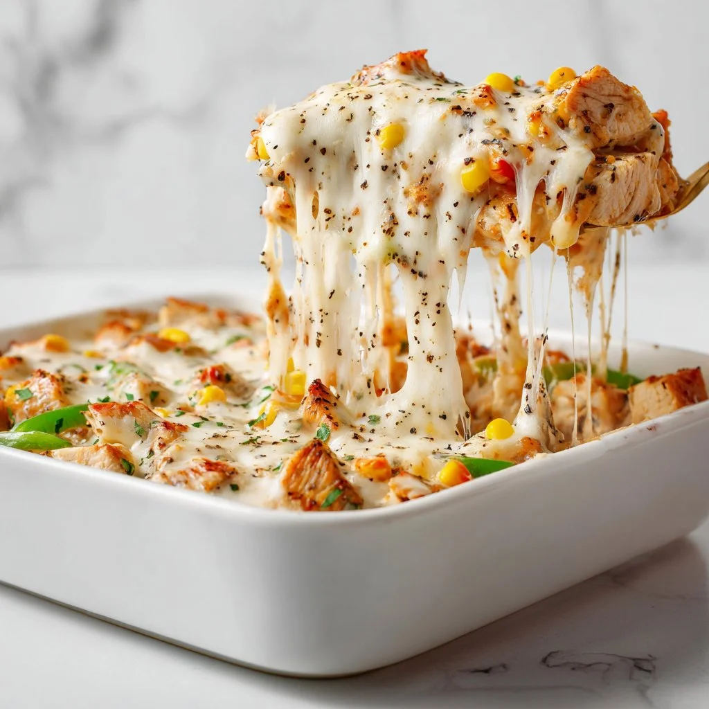 Cheesy oven-baked chicken fajita casserole with colorful peppers and cheese