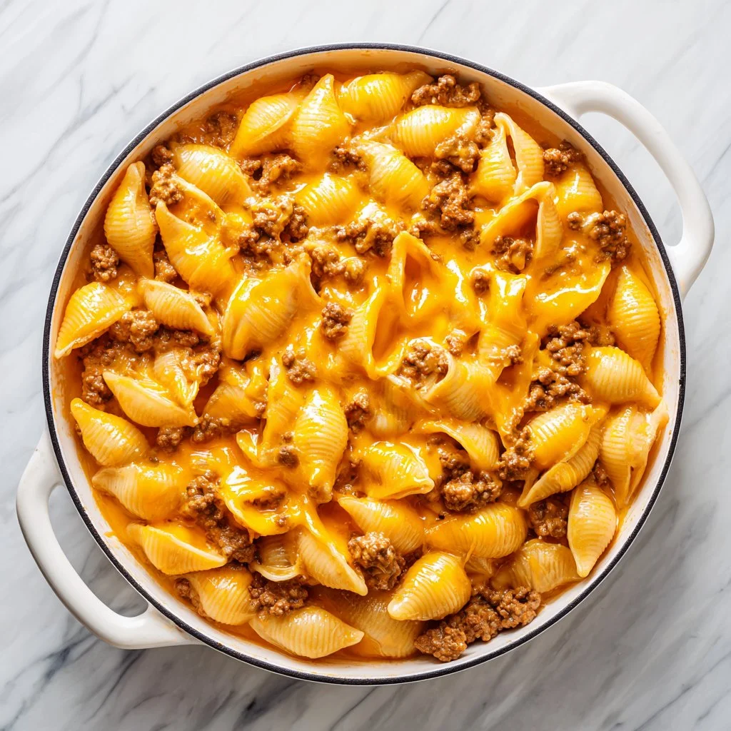 A creamy and cheesy pasta dinner served in a bowl, garnished with herbs.