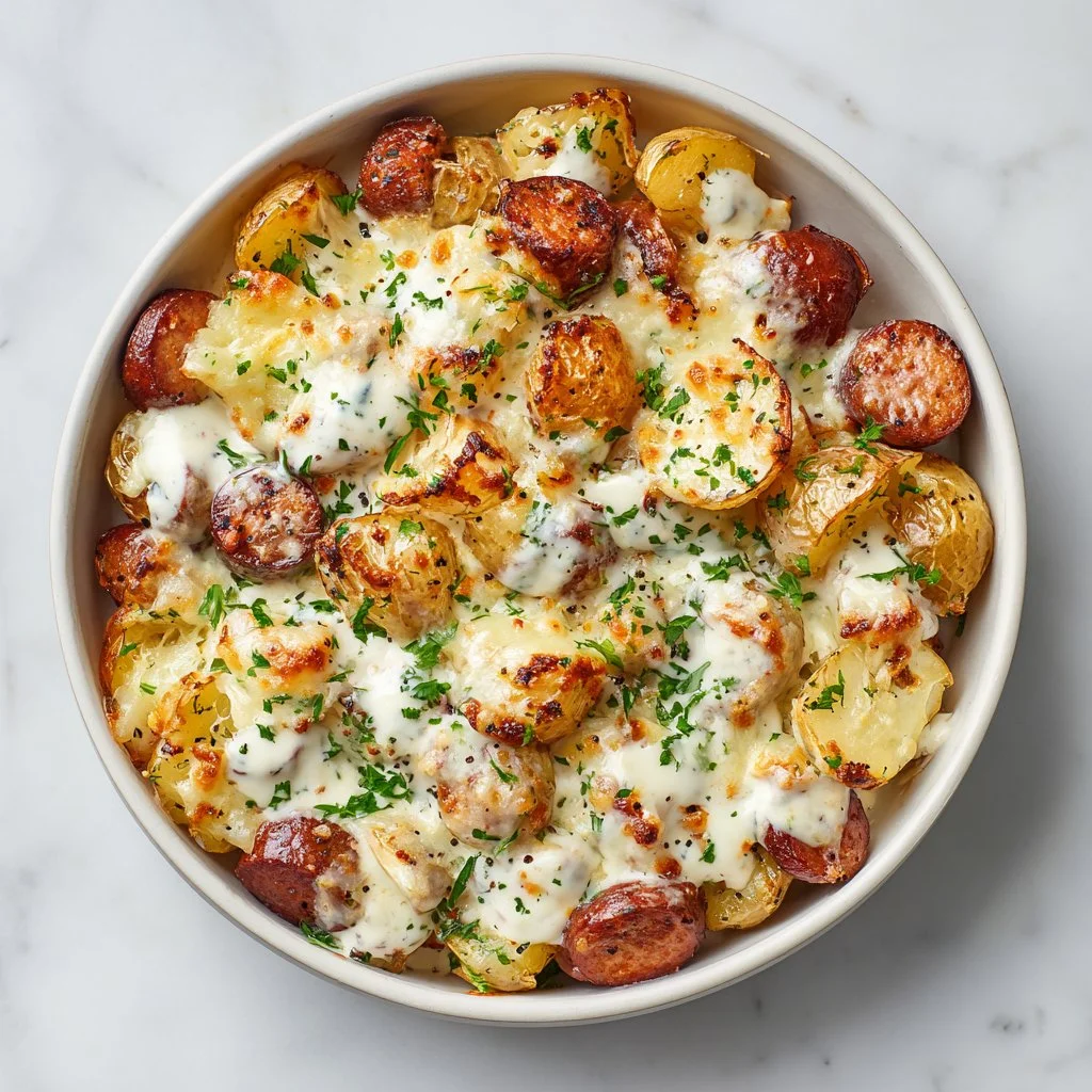 Cheesy ranch potatoes with smoked sausage topped with melted cheese and herbs